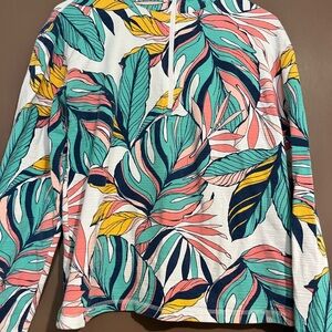 Talbots Teal and Coral Leaf Print Top